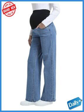 Maternity Jeans Wide Leg Stretchy Denim Pants Over Belly Cotton